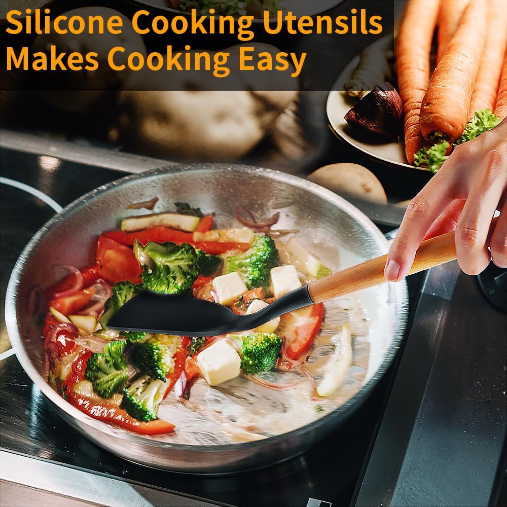 Silicone Cooking Utensils Set, 12Pcs Large Heat Resistant Kitchen Utensils, Turner Tongs, Spatula, Spoon, Wooden Handle Kitchen Gadgets with Holder for Nonstick Cookware, Dishwasher Safe (Grey)
