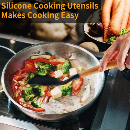Silicone Cooking Utensils Set, 12Pcs Large Heat Resistant Kitchen Utensils, Turner Tongs, Spatula, Spoon, Wooden Handle Kitchen Gadgets with Holder for Nonstick Cookware, Dishwasher Safe (Grey)