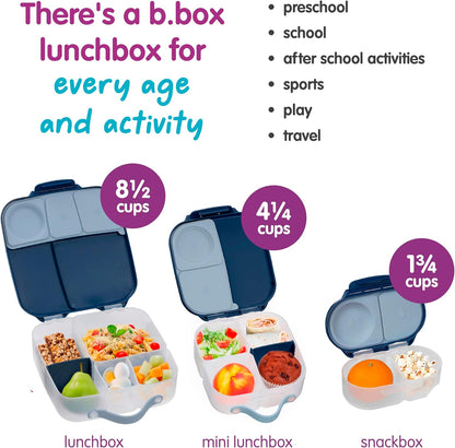 b.box Mini Lunch Box 2-Pack, Leak Proof Bento Box for Kids, 3 Compartment Snack Containers Ages 3+, Lunchbox for Daycare + School, Dishwasher Safe, BPA-Free, PFAS-Free, 4.25 Cup - Blue + Green