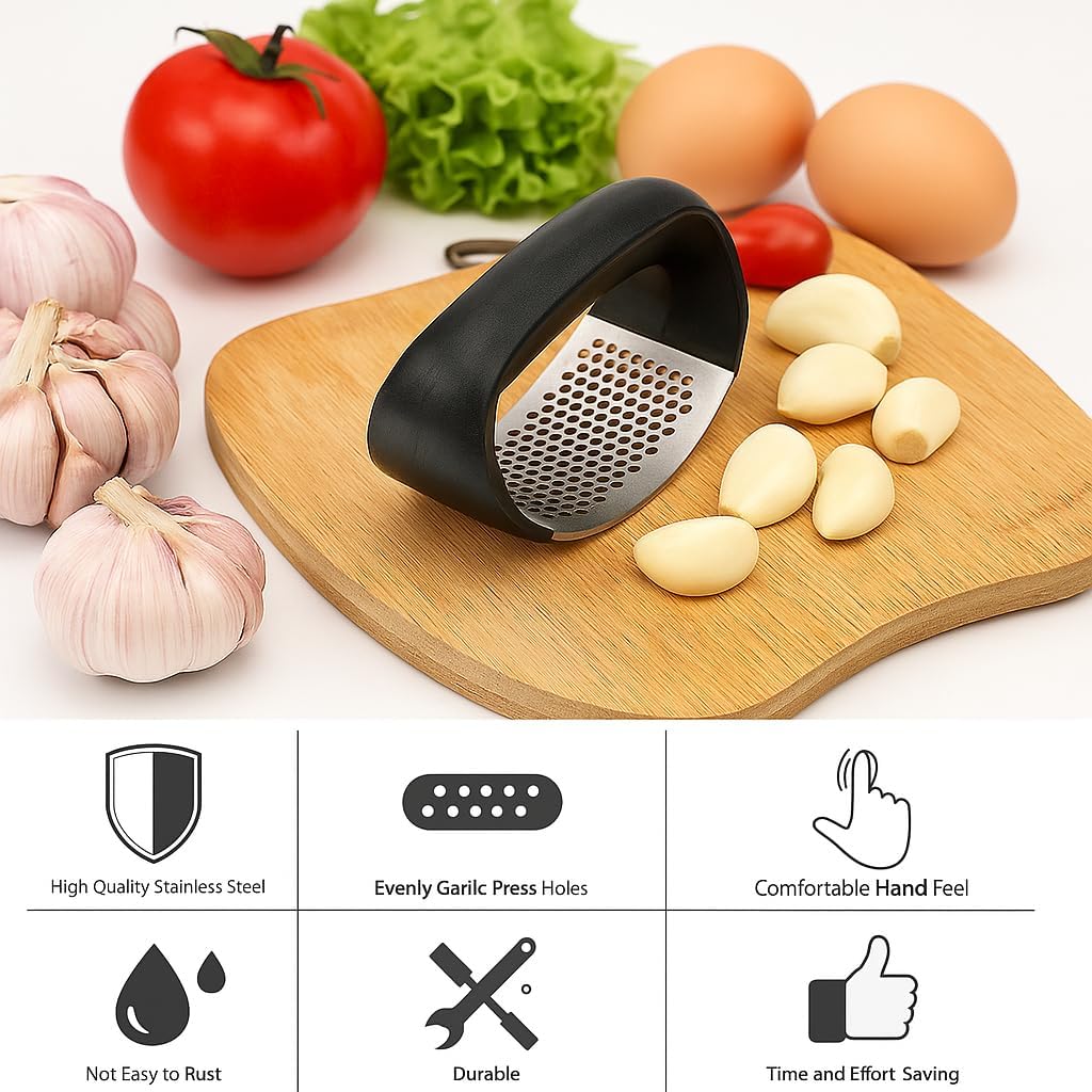 XHAMIX® Stainless Steel Garlic Press Rocker – Effortless Garlic Crusher & Mincer with Ergonomic Grip | Rust-Proof, Dishwasher Safe Garlic Tool for Home & Kitchen