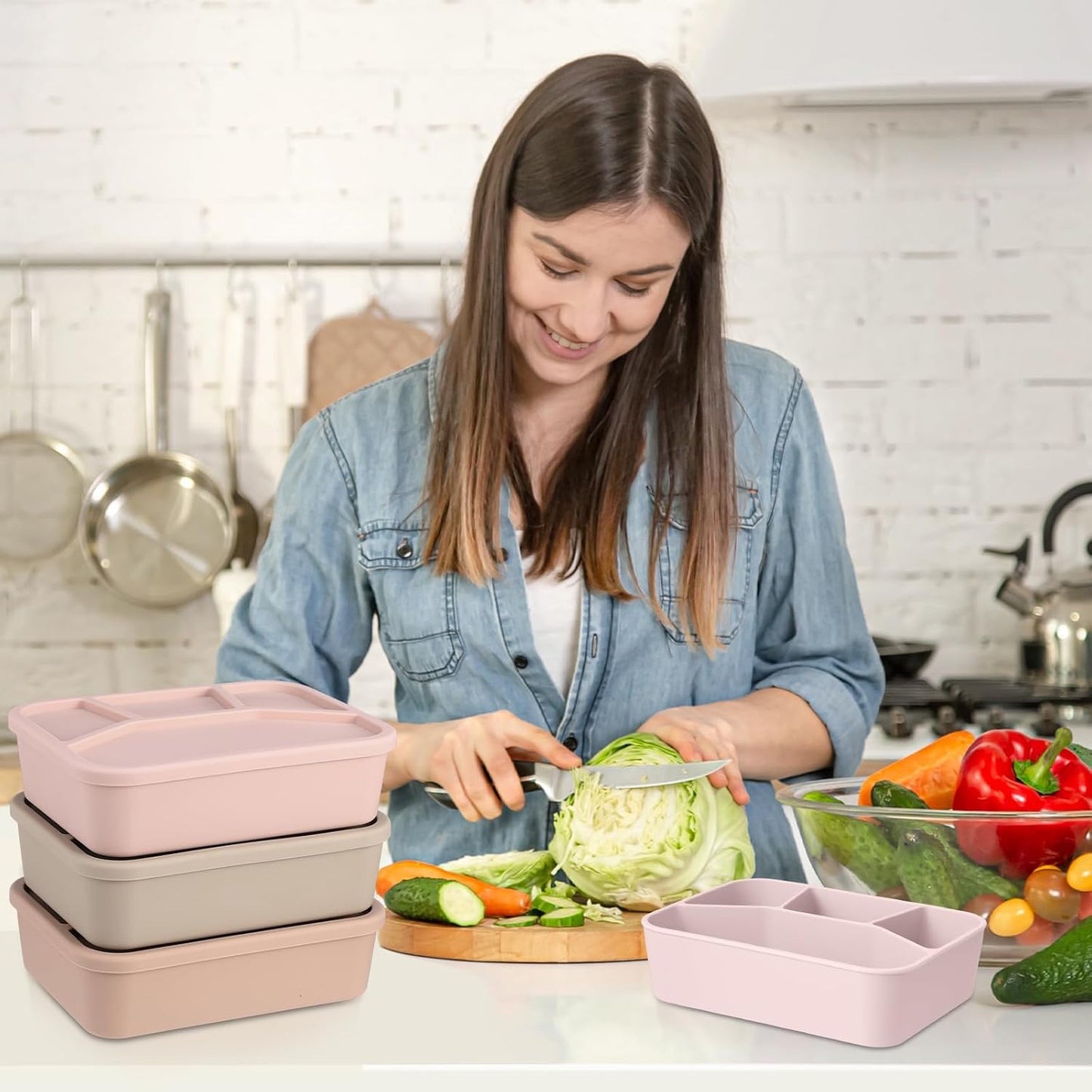 Honeydak 6 Pcs Silicone Bento Box Reusable Lunch Container 4 Compartment Snack Boxes with Lid Smooth LeakProof Rectangle Food Boxes for Adult Work Travel Food Storage (Cute Color)