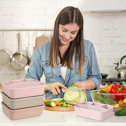 Honeydak 6 Pcs Silicone Bento Box Reusable Lunch Container 4 Compartment Snack Boxes with Lid Smooth LeakProof Rectangle Food Boxes for Adult Work Travel Food Storage (Cute Color)