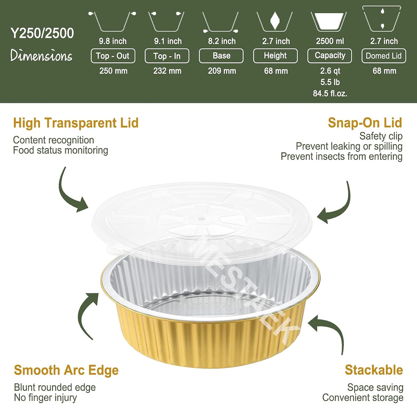 7.7" Round Aluminum Foil Containers with Lids (5 Pack) – Heavy Duty Disposable Takeout Pans for Meal Prep, Pasta, Casserole, Food Storage & Catering, 48oz