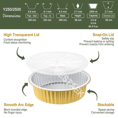 7.7" Round Aluminum Foil Containers with Lids (5 Pack) – Heavy Duty Disposable Takeout Pans for Meal Prep, Pasta, Casserole, Food Storage & Catering, 48oz