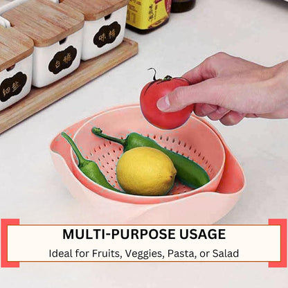 Modern Creative Double Layer Vegetable & Fruit Washing Basket – Durable Plastic Strainer in Pink–Multipurpose Kitchen Colander for Washing, Draining & Serving – Space-Saving Lightweight