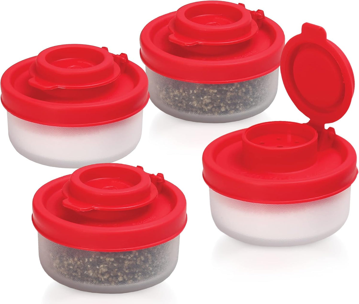 SIGNORAWARE Salt and Pepper Shakers Moisture Proof Set of 2 Large Salt Shaker to go Camping Picnic Outdoors Kitchen Lunch Boxes Travel Spice Set Clear with Red Covers Lids Plastic Airtight Dispenser