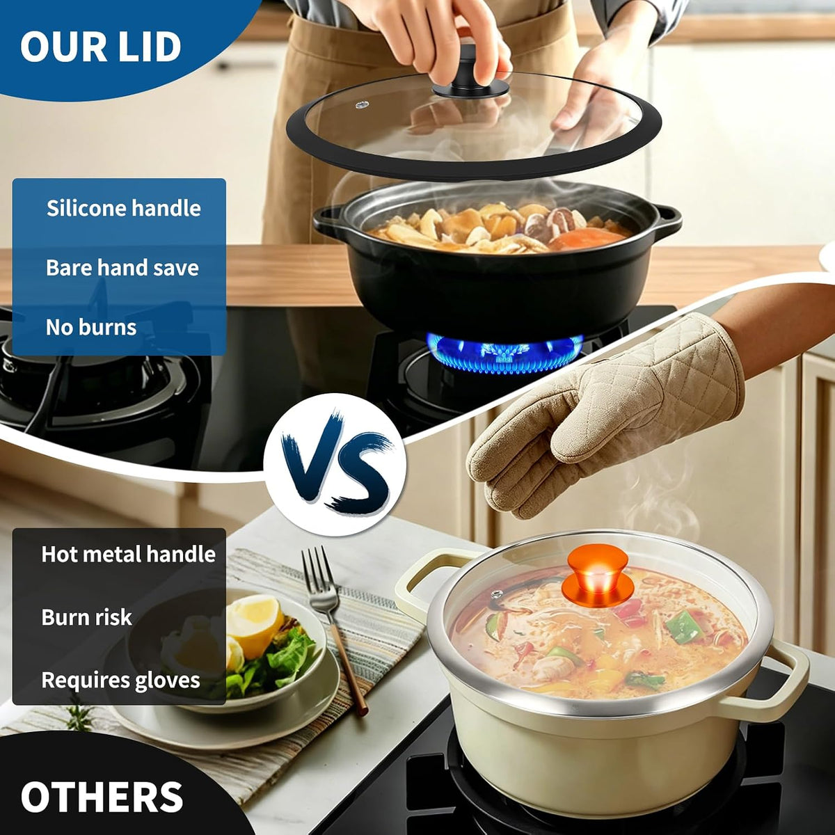 Pan Lid 10 Inch - Tempered Glass Pot Lid - Replacement Pan Cover for Cast Iron Skillets, Frying Pans, Pots and Wok, Heat Resistant Handle, Black