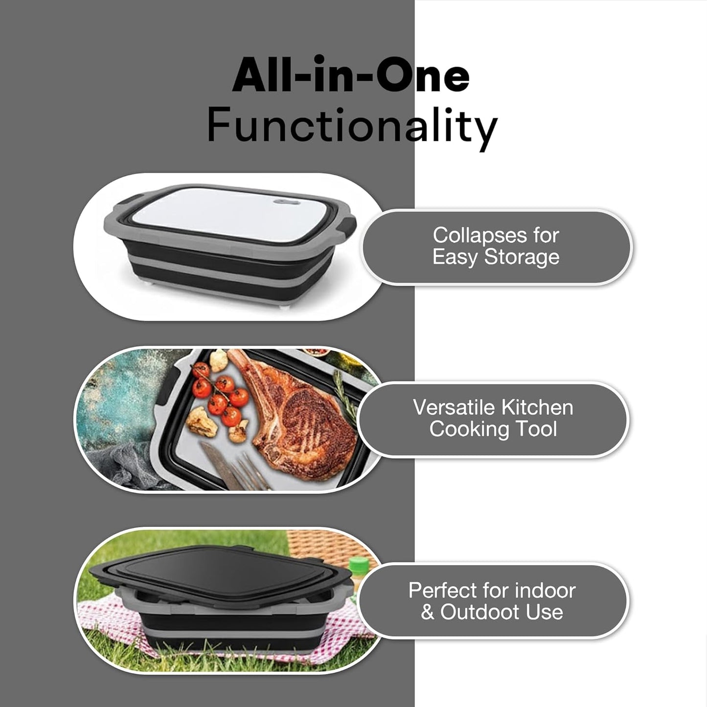 2-Pack XL Collapsible BBQ Prep Tub with Built-in Cutting Board, Lid & Strainer – Multipurpose Meal Prep Container for Outdoor Cooking, BBQ Parties, Kitchen & Travel Use (Black)