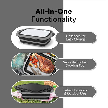 2-Pack XL Collapsible BBQ Prep Tub with Built-in Cutting Board, Lid & Strainer – Multipurpose Meal Prep Container for Outdoor Cooking, BBQ Parties, Kitchen & Travel Use (Black)