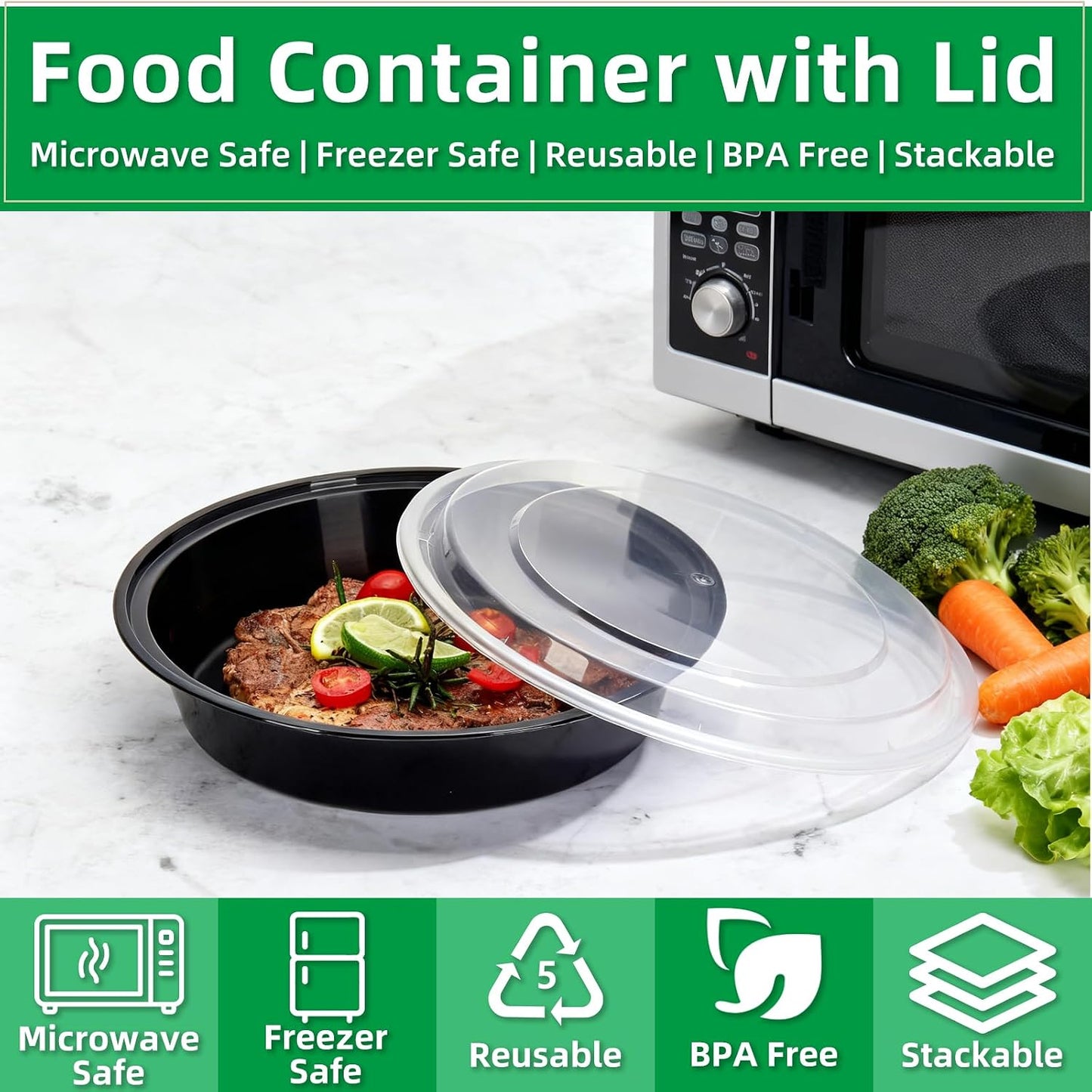Meal Prep Containers Reusable 10 Pack-28 oz Food Storage Containers with Lids To Go Food Containers Takeout, Microwave Dishwasher Freezer Safe, Stackable, BPA Free, Plastic (Black)