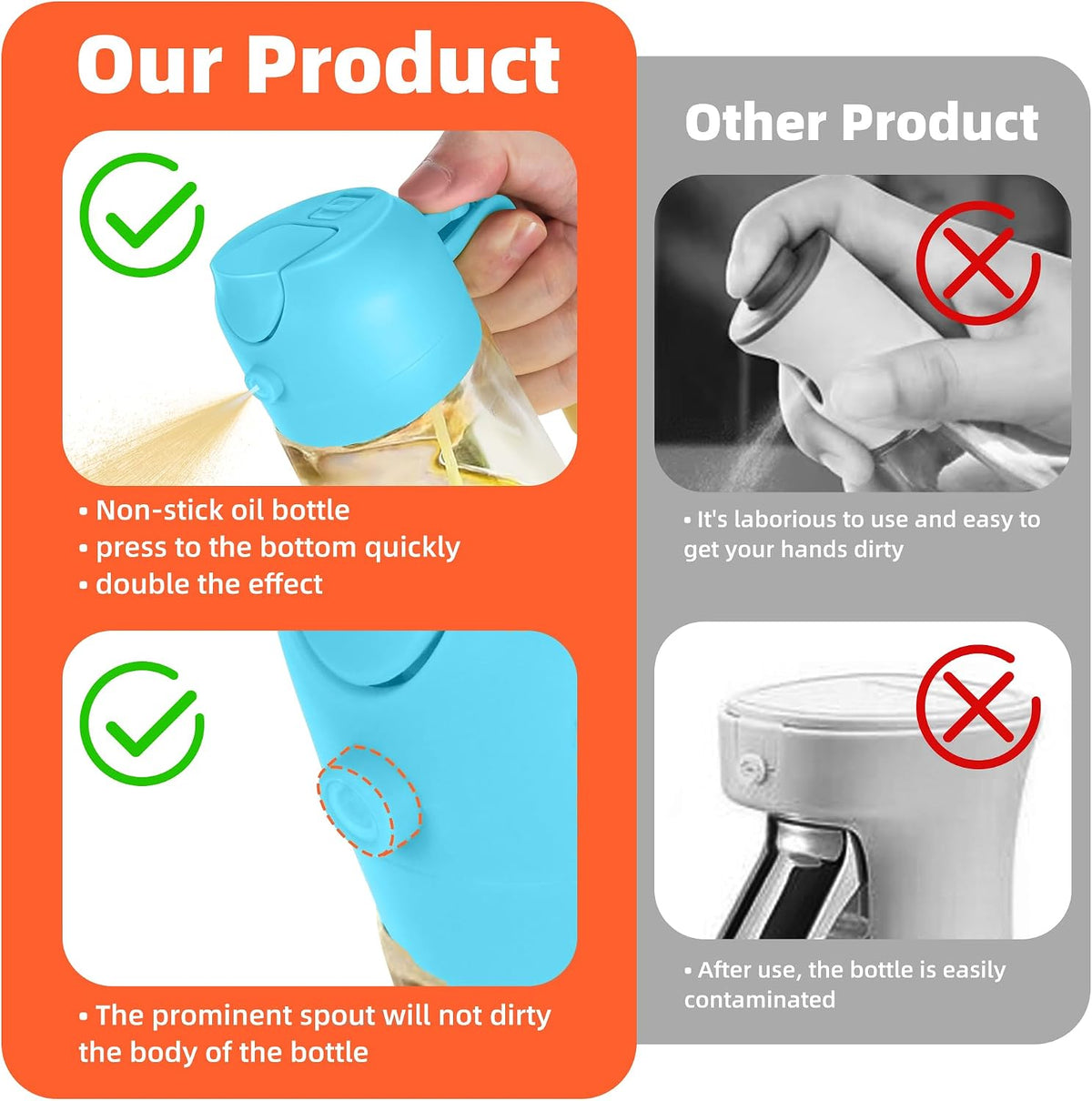 TrendPlain 16oz/470ml Glass Olive Oil Sprayer for Cooking – 2 in 1 Olive Oil Dispenser Bottle for Kitchen Gadgets and Air Fryer Accessories, Salad, BBQ - Black