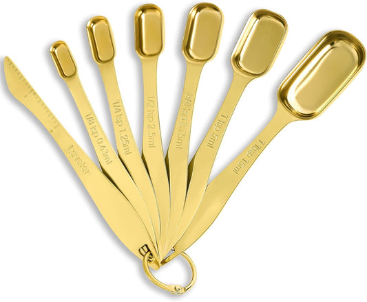 Rainspire Heavy Duty Measuring Spoons Set Stainless Steel, Metal Measuring Cups and Spoons Set for Dry or Liquid, Fits in Spice Jar, Home Gadgets Kitchen Gadgets, Set of 7 Including Leveler