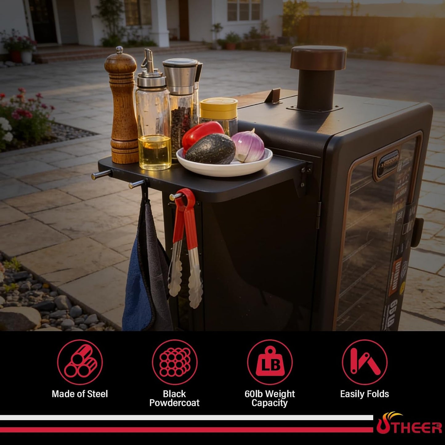 Upgraded Grill Table for Weber Kettle 22"/18"/26", Master Touch 22", Smokey Mountain, Recteq Pellet Grill RT-B380, Prep Station with Cutting Board, Basin, 4 Hooks, Shelf for Weber Kettle Accessories