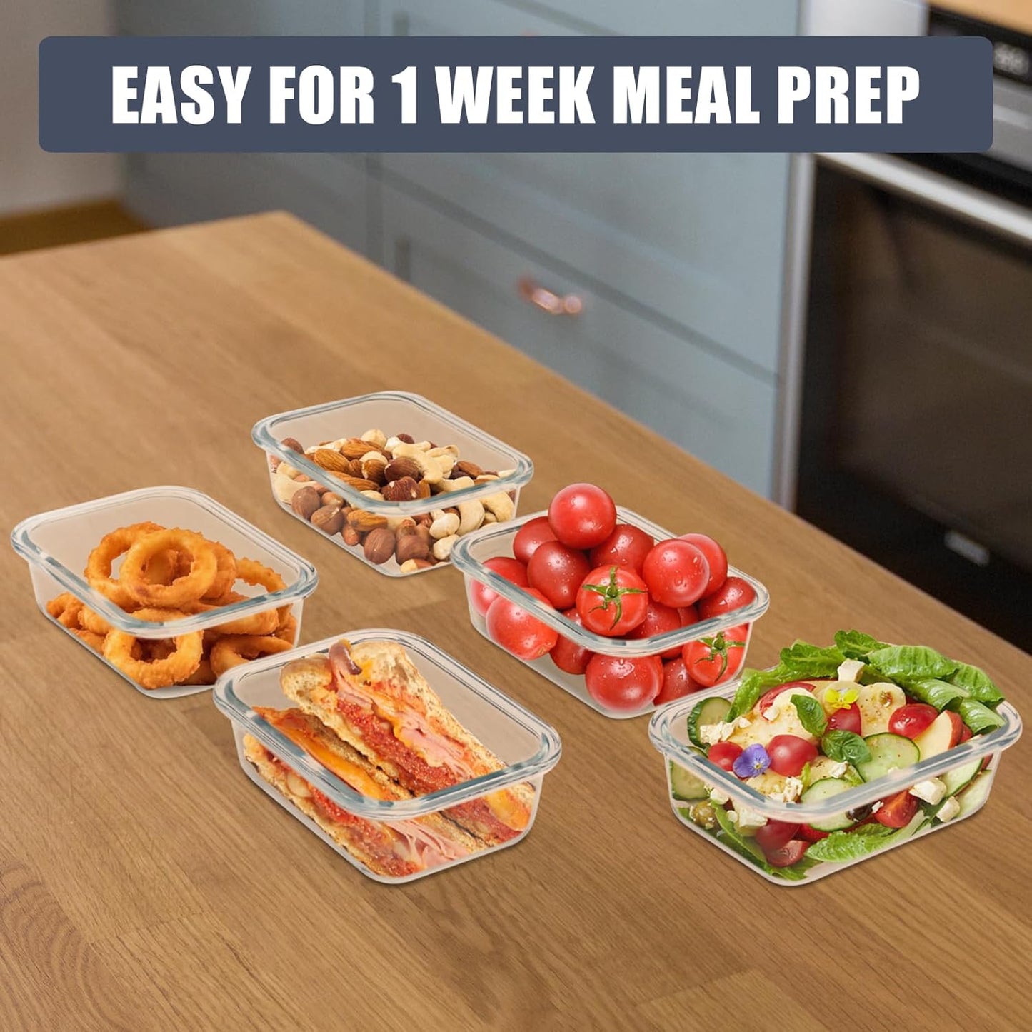 6Pack 22oz Glass Meal Prep Containers, Glass Food Storage Containers Sets with Snap Leak Proof Lids for Microwave, Oven, Freezer and Dishwasher Safe (Grey, 22oz)