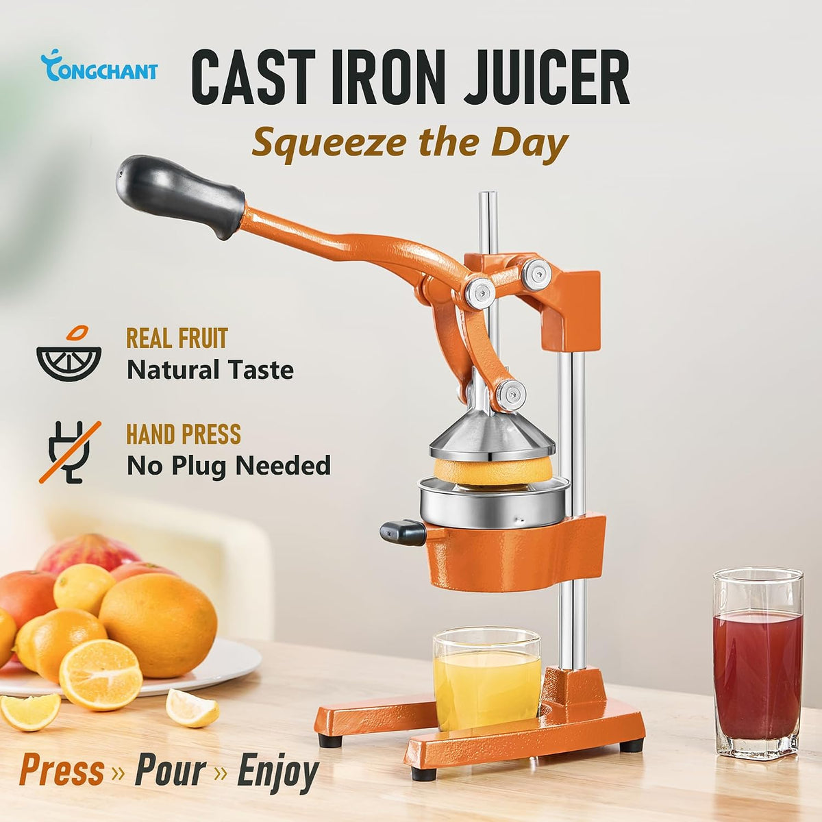 TONGCHANT Cast Iron Manual Juicer for Orange Lemon Citrus Fruit & Lime