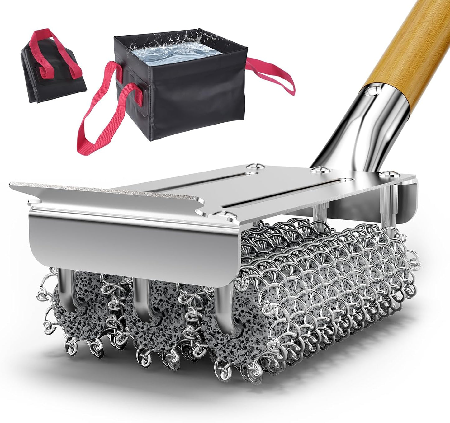HOUSE AGAIN Grill Brush Bristle Free, 304 Stainless Steel Food-Grade Brush Head with Scraper, Safe BBQ Outdoor Grill Cleaning Brush Strong Barbecue Brush Cleaner Non Wire for Grill Grate/Wooden Handle