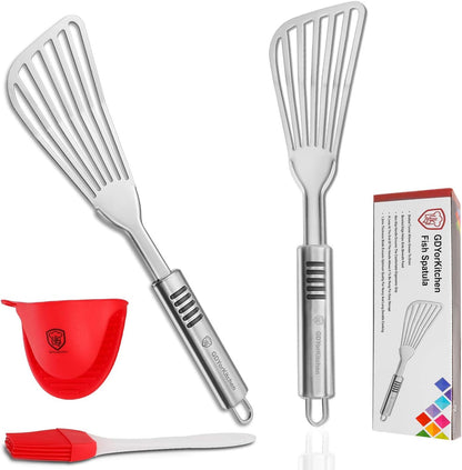 Premium Fish Spatula - Rust-Resistant Stainless Steel, Non-Slip Handle, Ideal for Grilling, Frying, Turning and Flipping Fish, Meat, Eggs, and More - Ergonomic Design for Perfect Results - Set of 2
