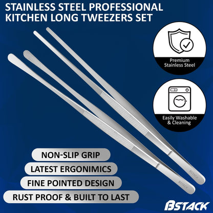 Brand Stack Kitchen Tweezers 12” Japanese Stainless-Steel Cooking Tong Tweezers Set of 2 with Precision Serrated Tip Premium Long Tweezers for Kitchen Serving Food Chef & Pasta Cooking tweezers.