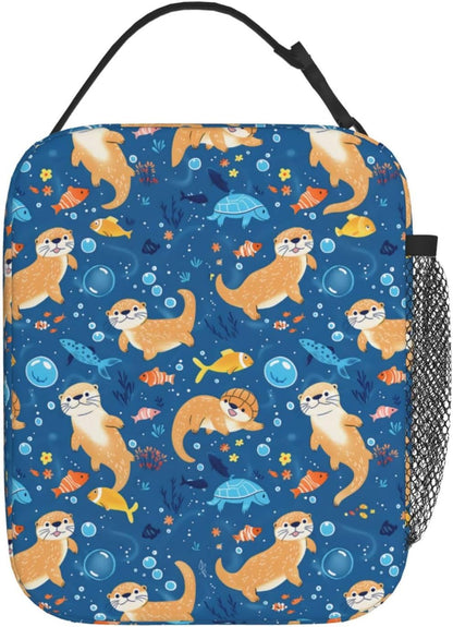 Reusable Sea Otter and Water Lily Lunch Box for Kids Girls Boys Women Adult, Insulated Cute Lunch Bag,Polyester Cooler Handbags Case for School Picnic Work Travel Outdoor Beach or Hiking