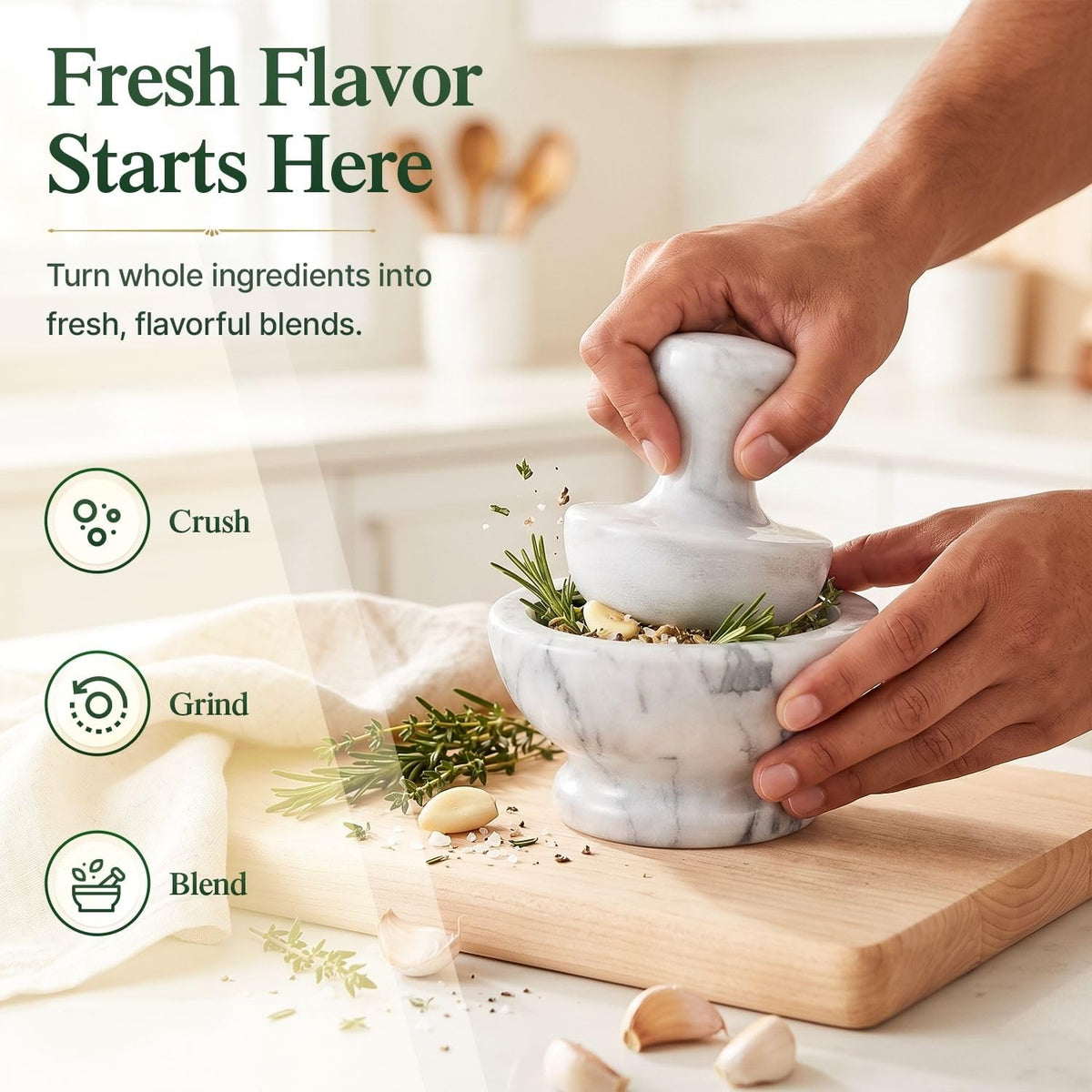 Flexzion Small Marble Mortar and Pestle Set, 4-Inch 1/2-Cup Bowl, White