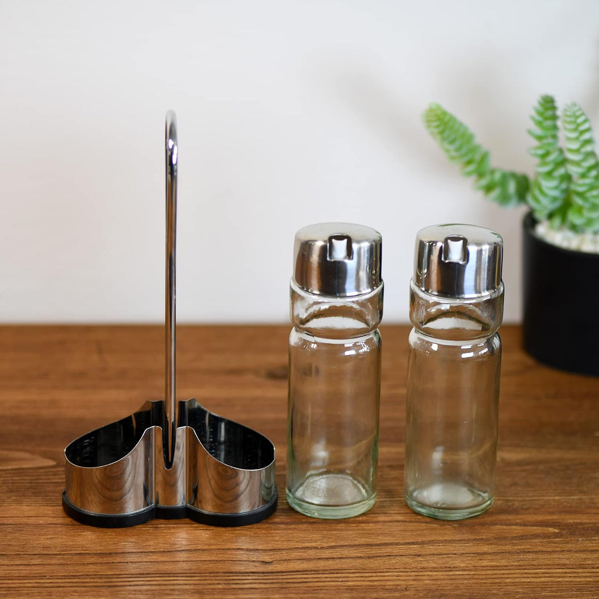 Salt and Pepper shakers, Oil and Vinegar Dispenser Set with Stainless Steel Holder (Salt & Pepper + Oil & Vinegar)