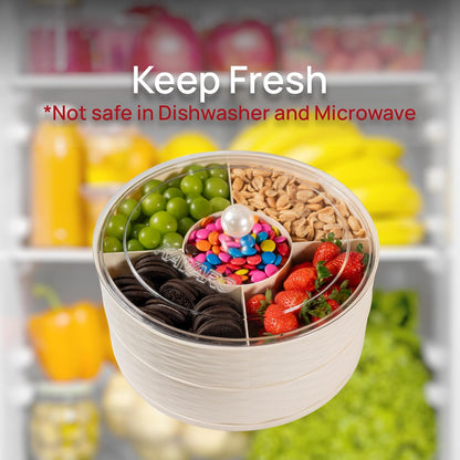 KAVARO Snack Tray with Lid – 2 Trays 1 Lid Large Circular Snackle Organizer - Snack Container – Reusable Divided Snack Spinner Tray with Compartments