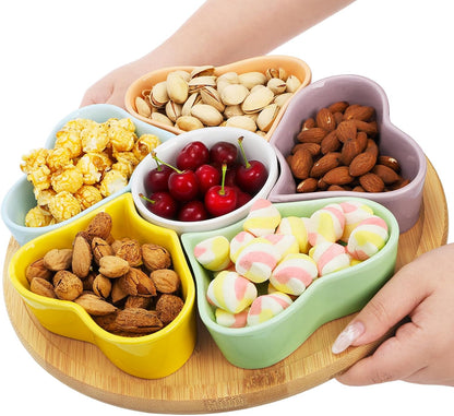 Cididu 11'' Lazy Susan Serving Tray, Ceramic 360° Rotating Serving Tray Platters, Removable Divided Appetizer Relish Dish, Heart Shape Snack Bowl Set for Party Kitchen Fruit Veggies Cheese, 7 Pieces
