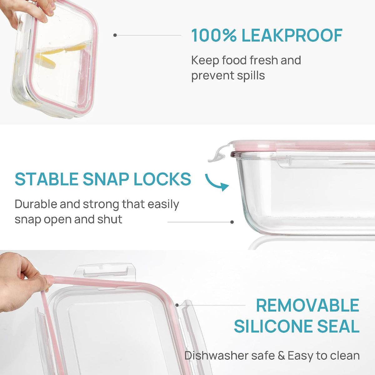 Vtopmart 2Pack 1860ml/63oz Large Glass Storage Containers with Lids, Meal Prep Food Container Set with Snap Airtight Lid for Baking, Microwave, Oven, Leak Proof, for Freezer, Dishwasher, Grey