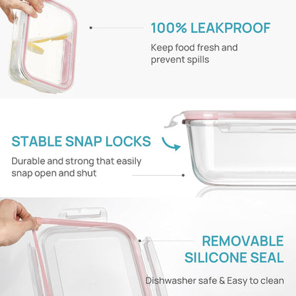 Vtopmart 2Pack 1860ml/63oz Large Glass Storage Containers with Lids, Meal Prep Food Container Set with Snap Airtight Lid for Baking, Microwave, Oven, Leak Proof, for Freezer, Dishwasher, Grey