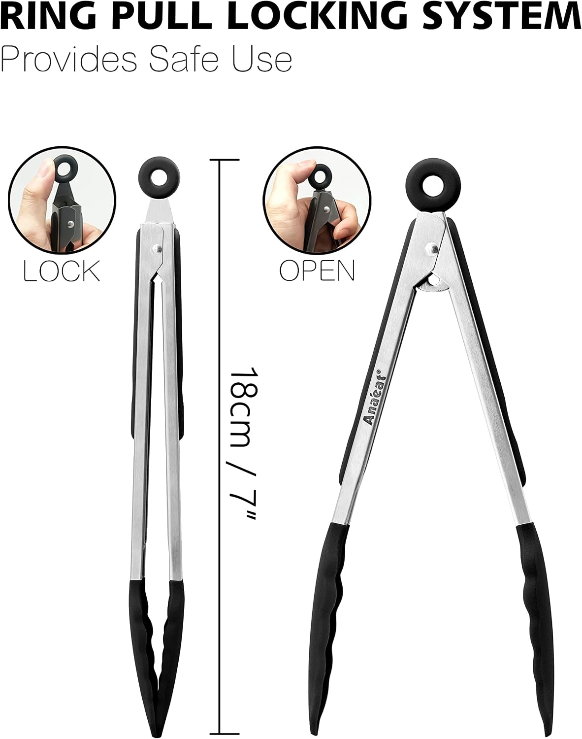 Anaeat Premium Kitchen Locking Tong Set of 3 - Heavy Duty Stainless Steel Food Tongs with Long Handle & Non-Slip Silicone Grip for Cooking, Baking, Grilling - Heat Resistant up to 480°F