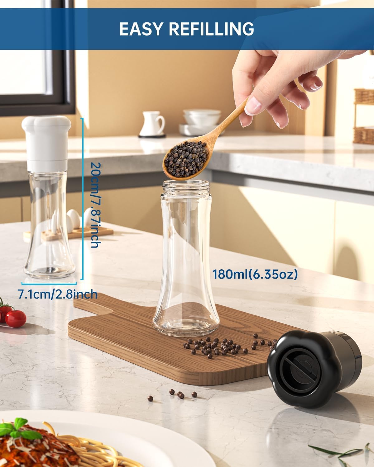 CIRCLE JOY Premium Manual Salt and Pepper Grinder Set, Refillable Salt and Pepper Shakers with Ceramic Blades, Adjustable Coarseness and BPA-free 180ml Glass Container, Tall Black White