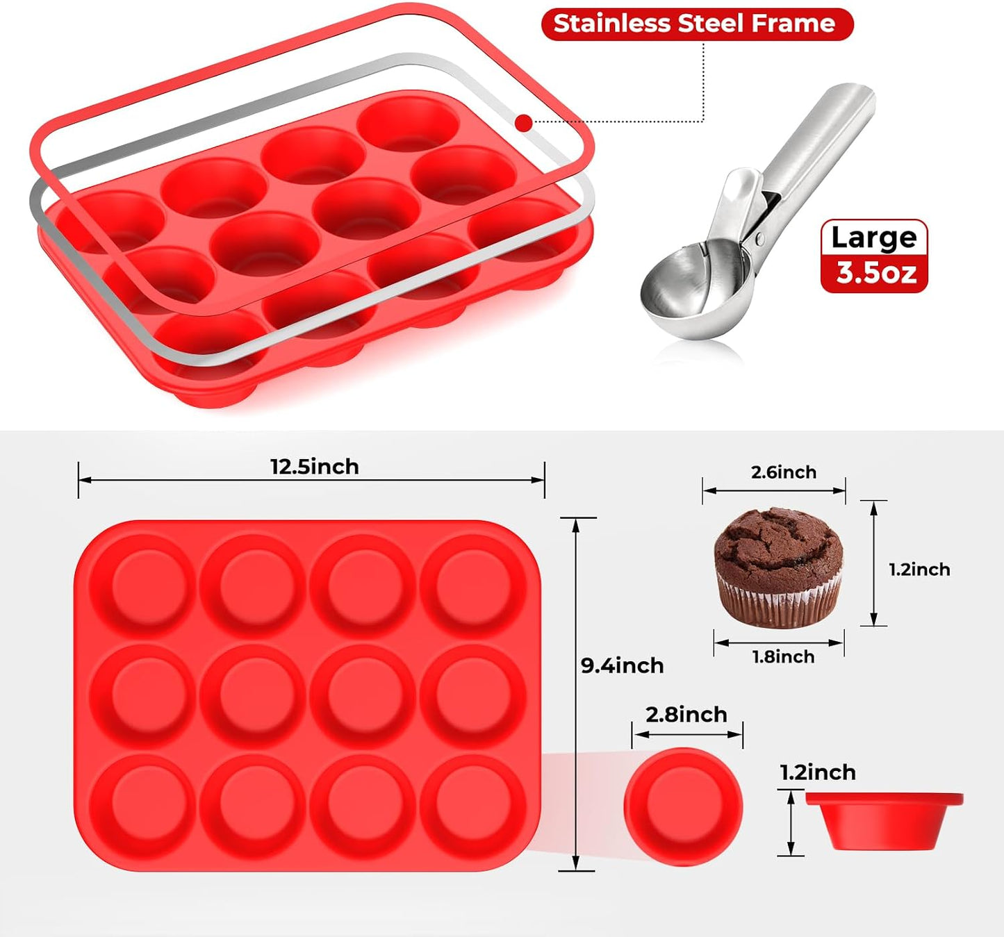 Silicone Muffin Pan for Baking: 12 Cup Muffin Pan with Metal Reinforced Frame, Regular Size Cupcake Egg Bites Molds for Baking, BPA Free Silicone Muffin Tray, Dishwasher Safe (1 Pack, Red)
