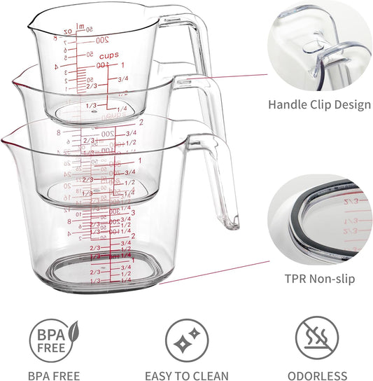 3-Piece Nesting Liquid Measuring Cups Set, Clear Plastic Measuring Jugs with Spout and Multiple Measurement Scales, 1 Cup, 2 Cup, 4 Cup for Baking and Cooking