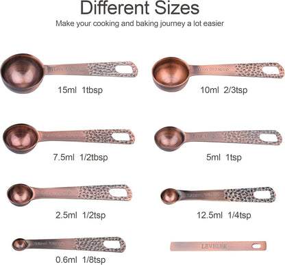 Copper Measuring Cups and Spoons Set 14, Stainless Steel Measuring Cups and Spoons set, Metal 6 Measure Cup and 7 Measure Spoon with 1 Leveler for Kitchen & Baking