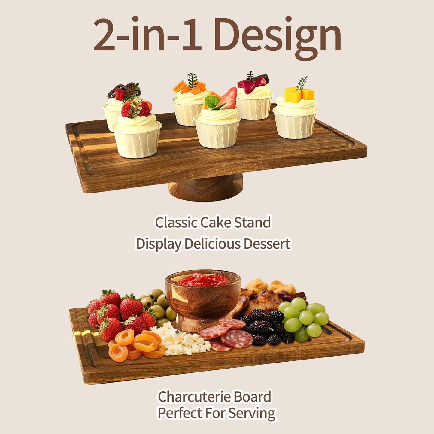 Acacia-Wood-Cake-Stand With Acrylic Lid, Rectangular Cake Plates Charcuterie Board With Cover, 2-in-1 Cake Holder With Dome，Dessert Table Display Stand For Cheese, Chips & Dips, Nachos, Fruit Platter