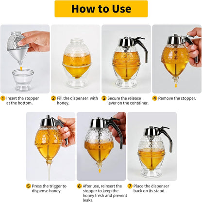 Honey Dispenser, No Drip Glass with Stand, Maple Syrup Honey Container, Elegant Honeycomb Design for Home Decor for Any Occasion