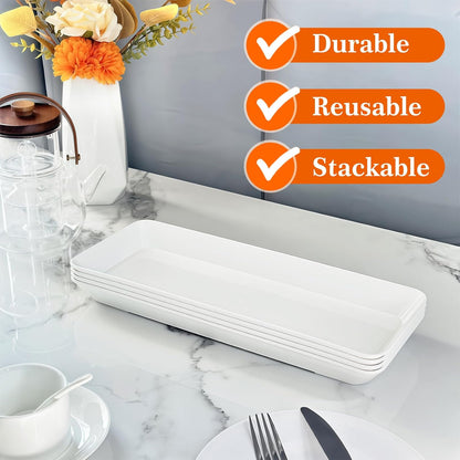 Serving Tray Platter Rectangle, 4 Pcs Long Narrow Food Tray for Veggie Fruit Snack Dessert, Plastic White Food Trays for Party Supplies Display, Rectangular Platters for Serving Food, BPA Free