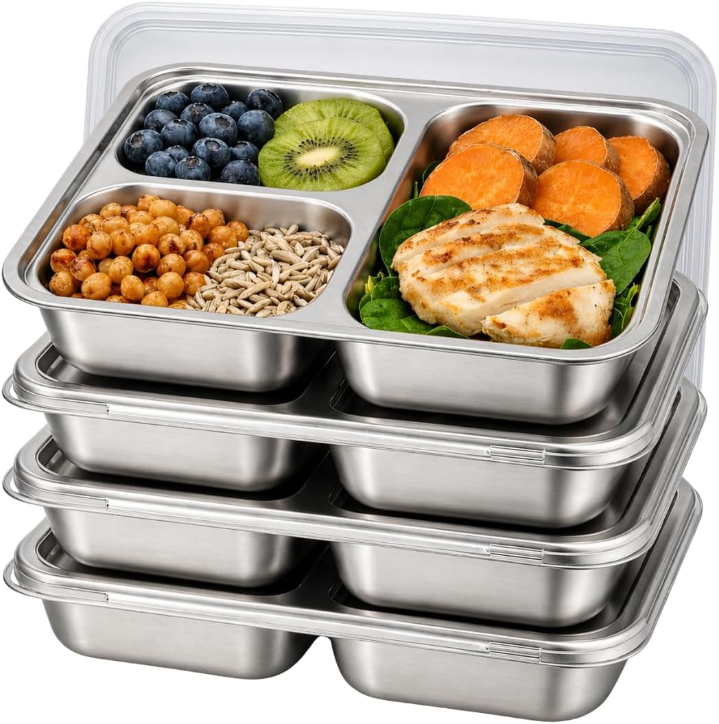 4 Pack Snack Containers for Kids, Stainless Steel Toddler Plates with Lids, 3 Compartment Food Container, Baby Plates, Stainless Steel Lunch Box for Kids, Bento Box Meal Prep Containers
