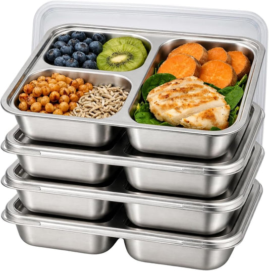 4 Pack Snack Containers for Kids, Stainless Steel Toddler Plates with Lids, 3 Compartment Food Container, Baby Plates, Stainless Steel Lunch Box for Kids, Bento Box Meal Prep Containers