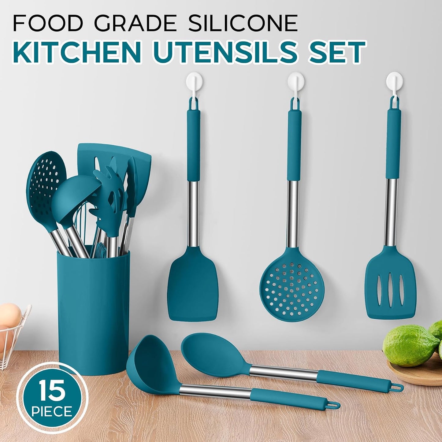 Onader Kitchen Utensils Set, 15 Pcs Silicone Cooking Utensils Set with Holder and Heat Resistant Stainless Steel Handle for Nonstick Cookware - Black