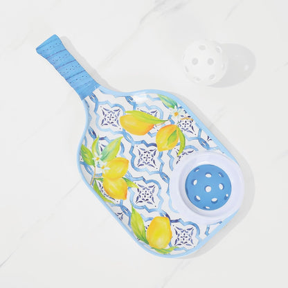 UPware Flamingo Melamine Chip and Dip Snack Tray, Tropical Floral Pickleball Paddle Shape Platter for Chips, Salsa, Fruits, and Appetizers, 15.75 x 8 Inch