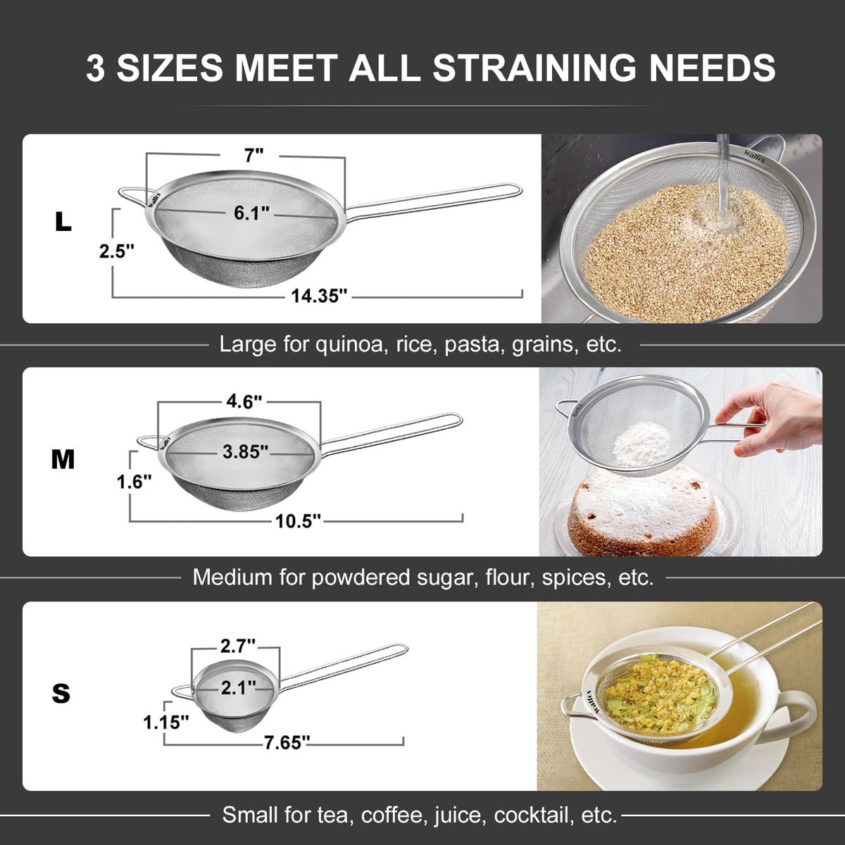 Walfos 6.3 Inch Fine Mesh Strainer, Premium Stainless Steel Sieve and Sifter with Handle, Kitchen Metal Strainers for Rice, Quinoa, Fruits, Noodles, Flour