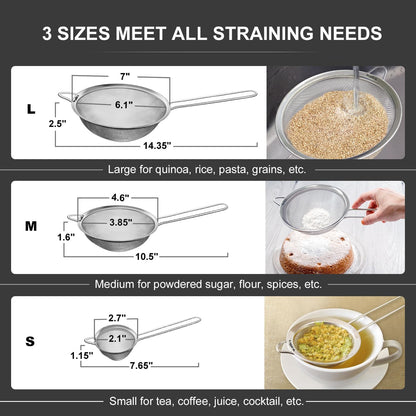 Walfos 6.3 Inch Fine Mesh Strainer, Premium Stainless Steel Sieve and Sifter with Handle, Kitchen Metal Strainers for Rice, Quinoa, Fruits, Noodles, Flour