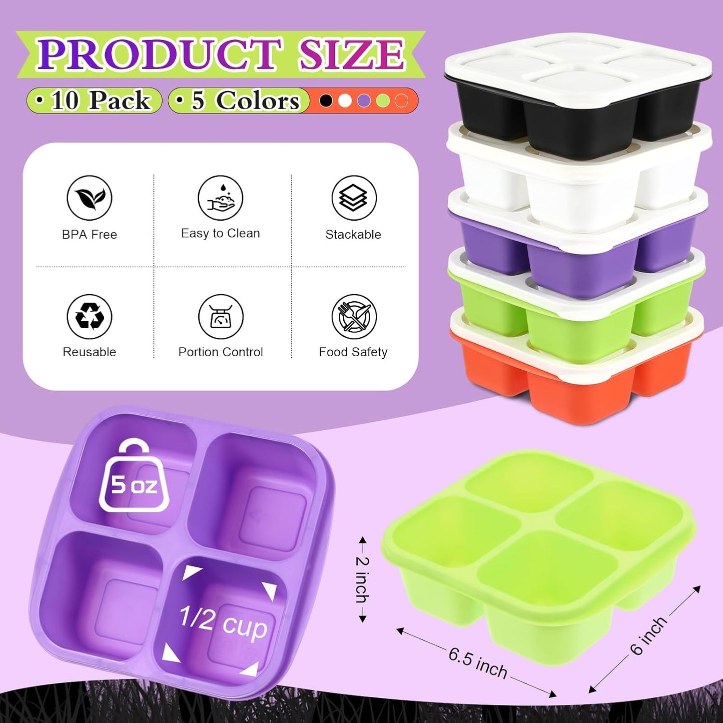 Honeydak 10 Pack Bento Snack Containers 4 Compartment Snack Boxes Reusable Containers with Lids Divided Meal Prep Lunch Food Storage Box for School Work Travel
