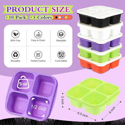 Honeydak 10 Pack Bento Snack Containers 4 Compartment Snack Boxes Reusable Containers with Lids Divided Meal Prep Lunch Food Storage Box for School Work Travel