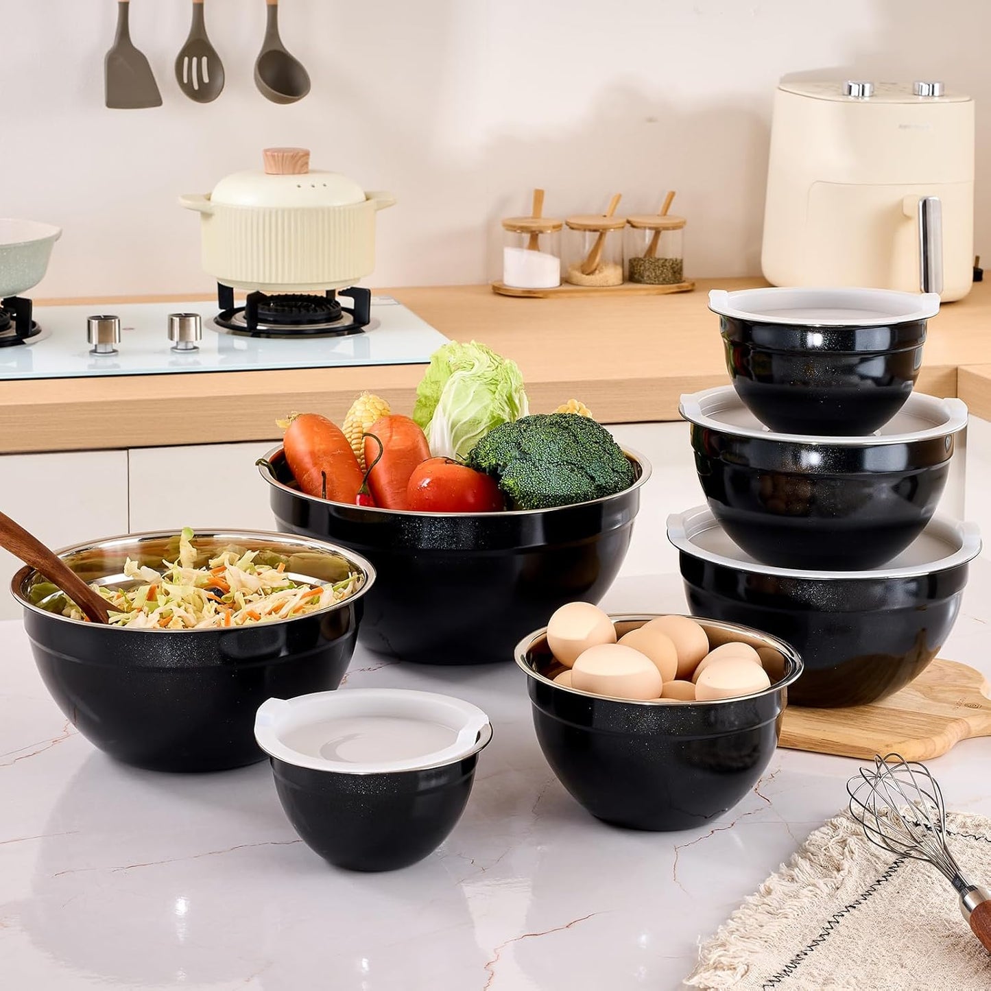Pink Mixing Bowls with Airtight Lids, Stainless Steel Nesting Mixing Bowls Set of 7, Ideal for Baking, Prepping and Serving Food, Size 7, 3.6, 2.7, 2.1, 1.5, 1.1,0.8 QT, Stackable Design