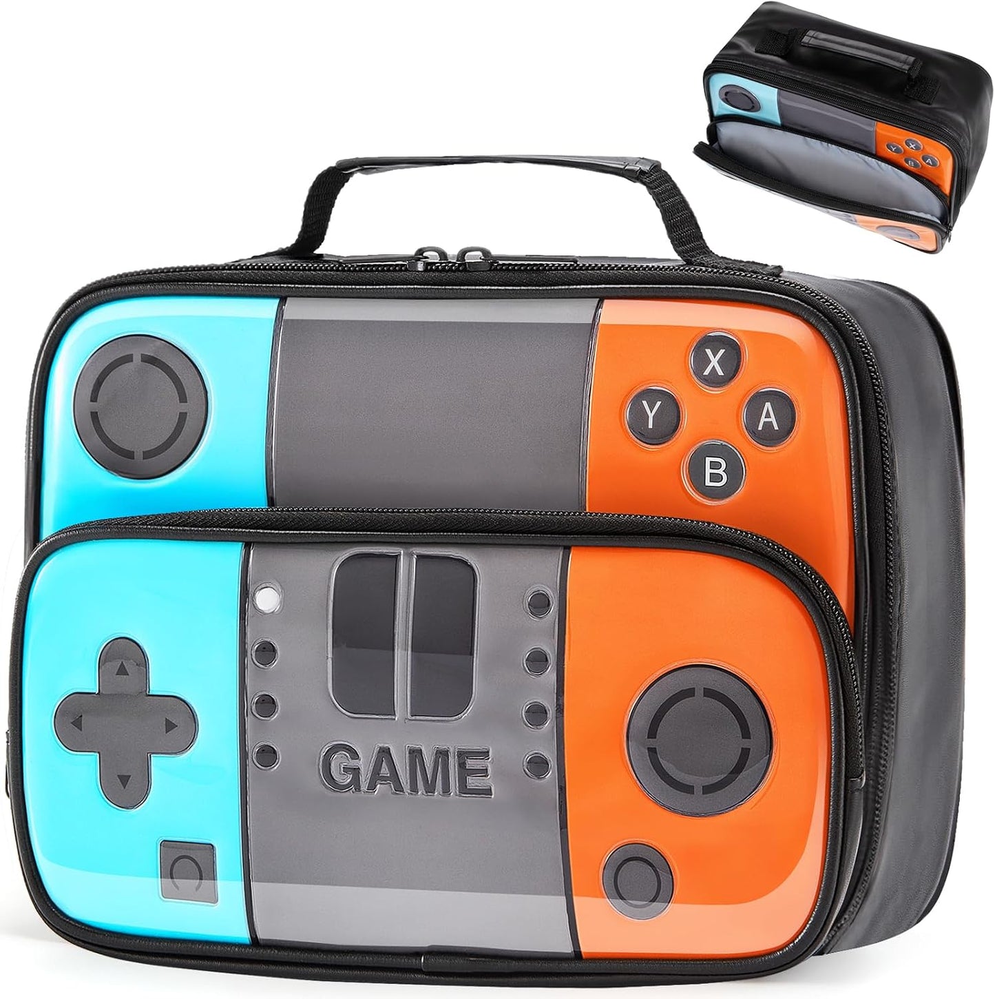 Kids Gamer Lunch Box for Boys, Game Console Insulated Lunch Bag, PU Leather Waterproof Lunchbox with Mesh Pocket, Durable Leakproof Lunch Tote Fits Bento Box for School