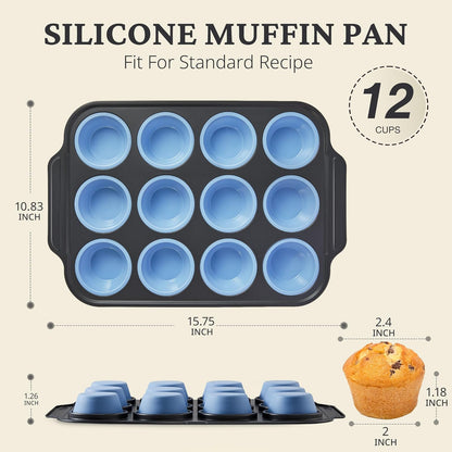 BRONYPRO Silicone Muffin Pans for Baking with Metal Frame, Egg Bite Molds, Cupcake Pans 12 Regular Size, Muffin Tins Easy to Pop Nonstick Non Toxic Bakeware for Oven,Blue