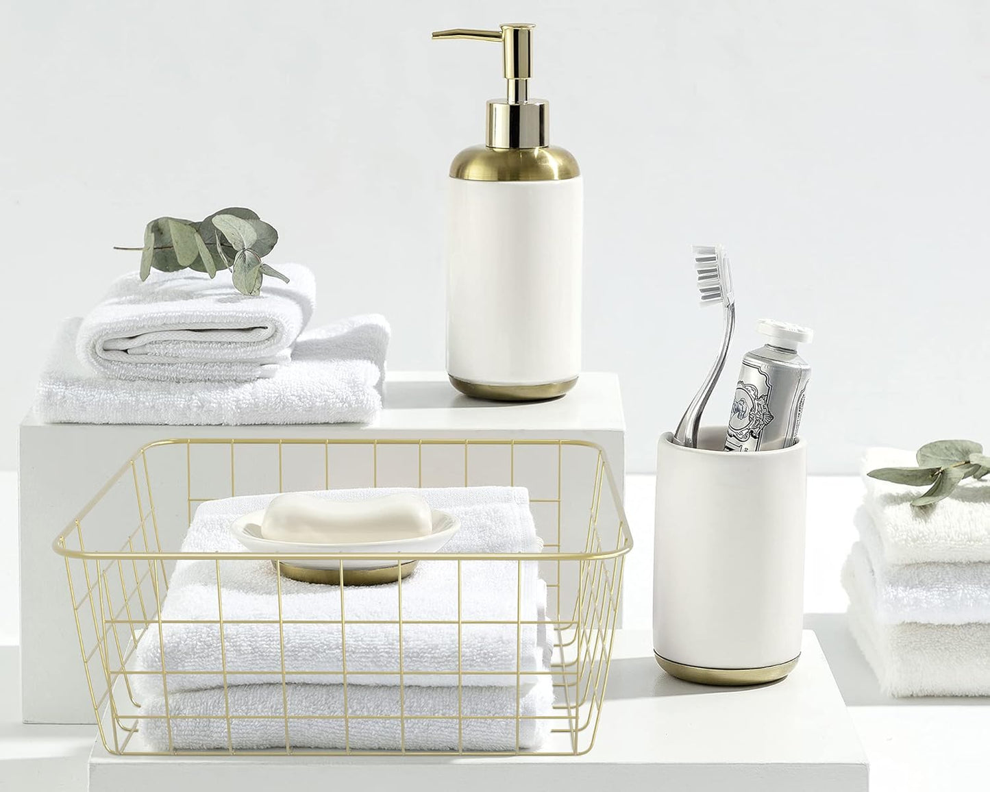 Gold Wire Baskets for Organizing, Metal Storage Baskets with Handles, Sturdiness Small Wire Storage Basket Organizer Bins for Pantry Kitchen Bathroom, 4 Pack