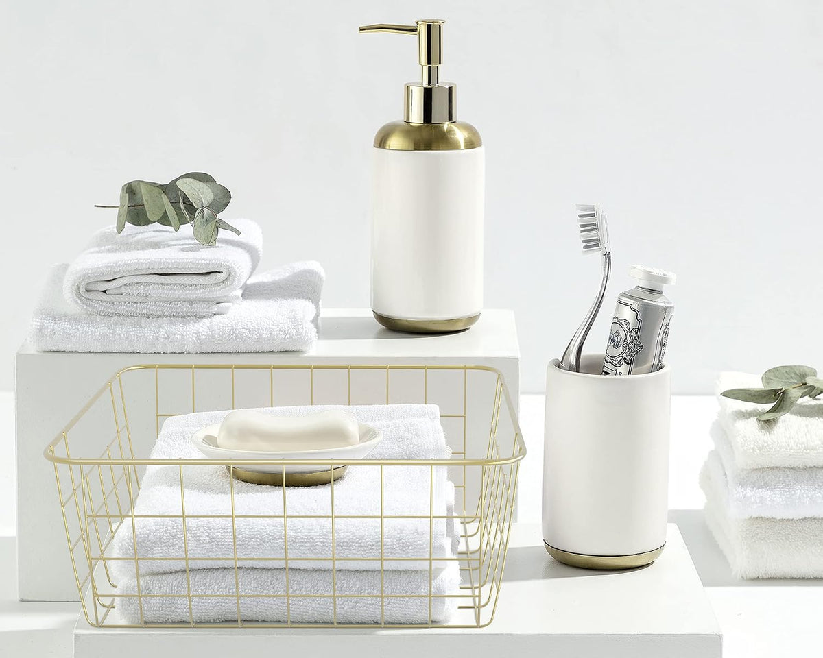 Gold Wire Baskets for Organizing, Metal Storage Baskets with Handles, Sturdiness Small Wire Storage Basket Organizer Bins for Pantry Kitchen Bathroom, 4 Pack